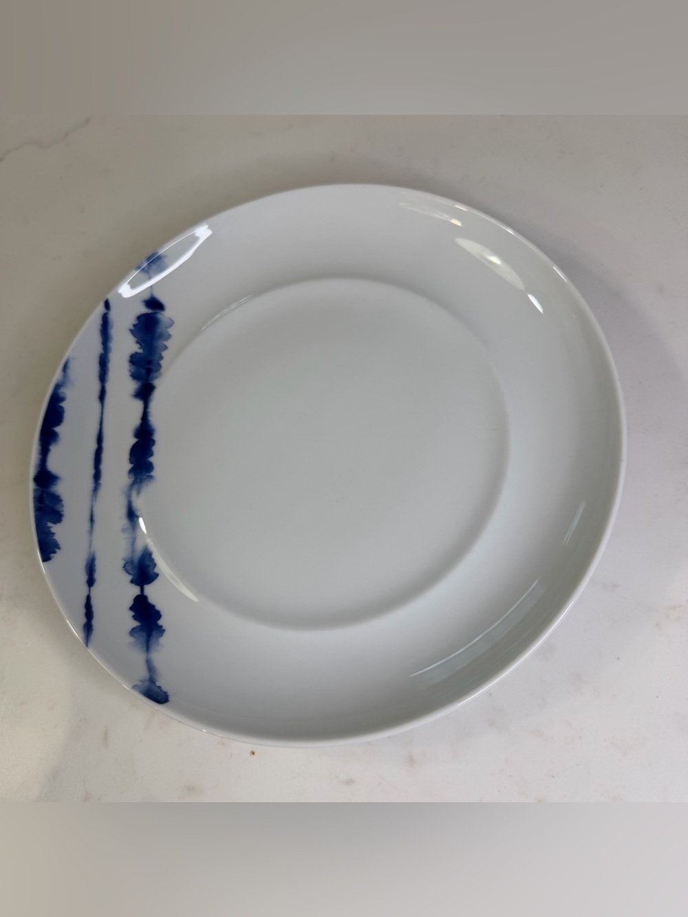 Crate&Barrel White Plate with Blue Watercolor Stripe